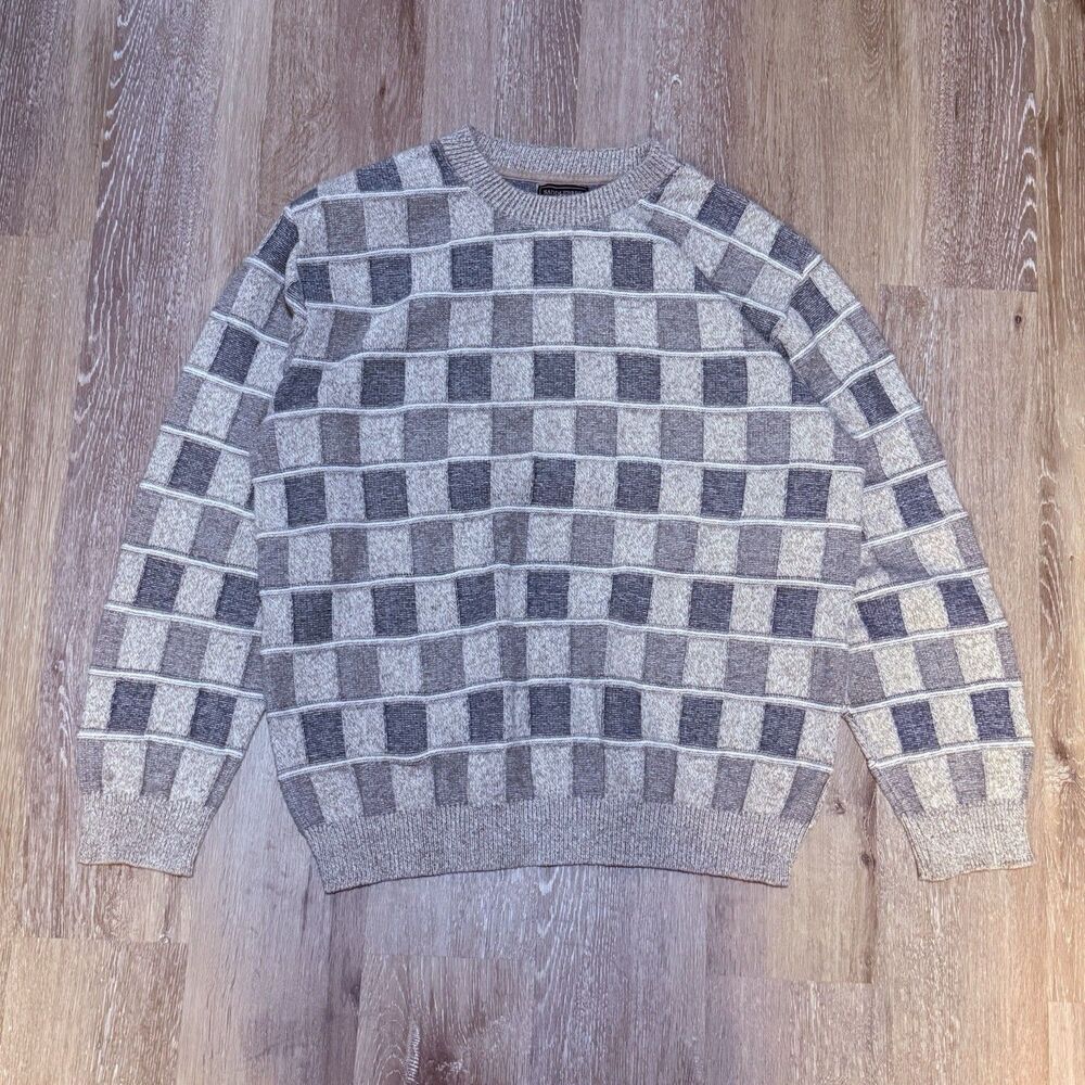 Vintage Saddlebred Checkered Sweater Mens Size XL Gray Knit Retro 90s Sweater